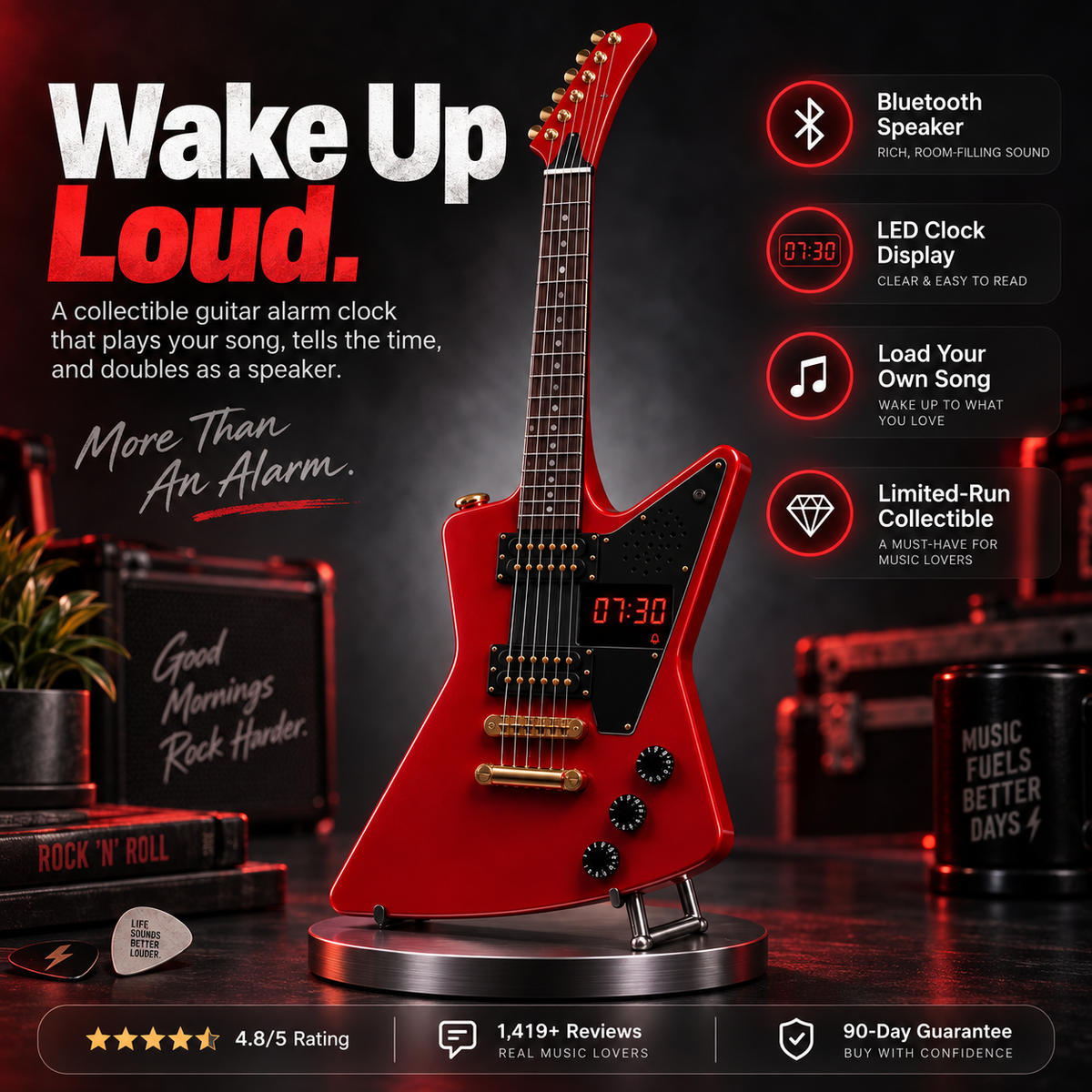 Electric Guitar Shaped Alarm Clock with Bluetooth Speaker, Wake Up To Your Favorite Music, Collectible Rock Decor Gift for Musicians & Rock Fans