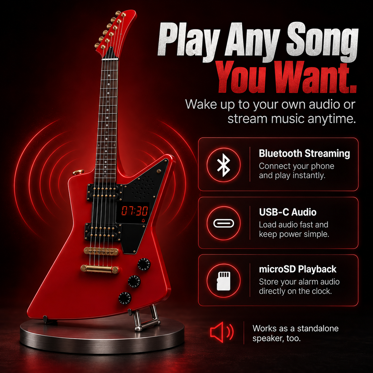 Electric Guitar Shaped Alarm Clock with Bluetooth Speaker, Wake Up To Your Favorite Music, Collectible Rock Decor Gift for Musicians & Rock Fans