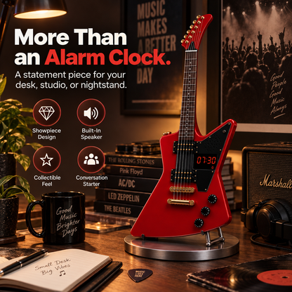 Electric Guitar Shaped Alarm Clock with Bluetooth Speaker, Wake Up To Your Favorite Music, Collectible Rock Decor Gift for Musicians & Rock Fans
