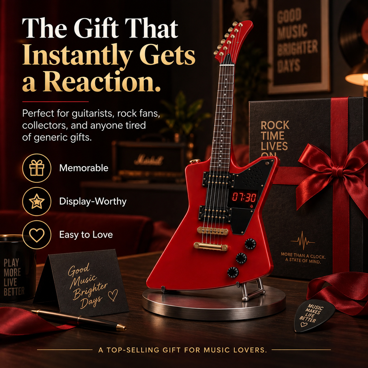 Electric Guitar Shaped Alarm Clock with Bluetooth Speaker, Wake Up To Your Favorite Music, Collectible Rock Decor Gift for Musicians & Rock Fans