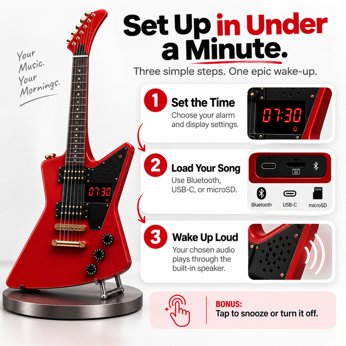 Electric Guitar Shaped Alarm Clock with Bluetooth Speaker, Wake Up To Your Favorite Music, Collectible Rock Decor Gift for Musicians & Rock Fans