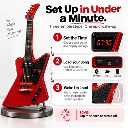 Electric Guitar Shaped Alarm Clock with Bluetooth Speaker, Wake Up To Your Favorite Music, Collectible Rock Decor Gift for Musicians & Rock Fans