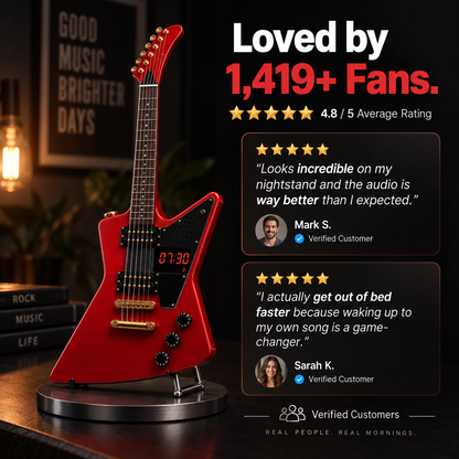 Electric Guitar Shaped Alarm Clock with Bluetooth Speaker, Wake Up To Your Favorite Music, Collectible Rock Decor Gift for Musicians & Rock Fans